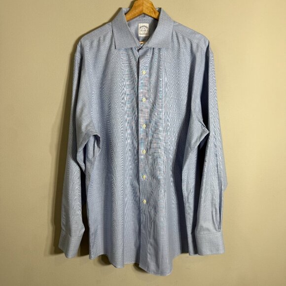 Brooks Brothers Plaid Non Iron Button Up Dress Shirt Men's 17 36 Blue Career - Picture 4 of 13